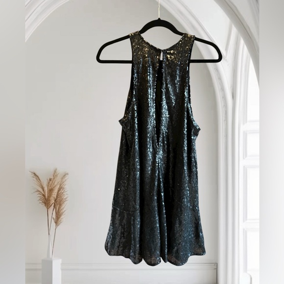 FREE‎ PEOPLE Liquid Shine Mini Dress Black Sequins Drop Waist M - Picture 5 of 15